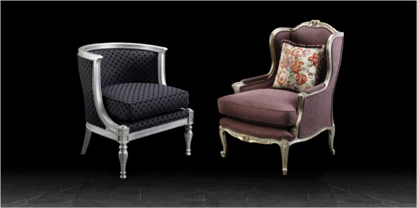 Artistic Upholstery Rosa Chair in Tuff Black fabric & Rosa chair in Purple Velvet fabric