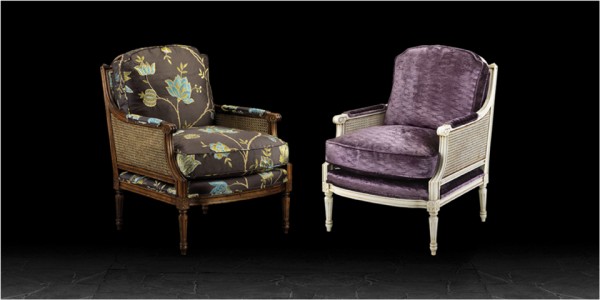 Artistic Turin Armchairs in Sarang Silk Velvet on the left & on the right in Hatfield Cerise fabric