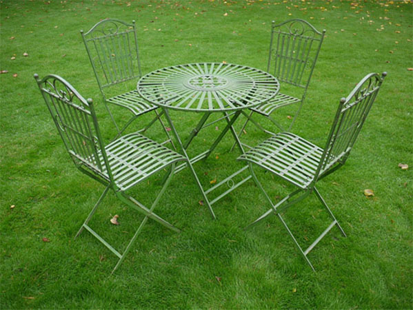 Antique Green Metal Round Garden Table & 4 Chairs Set