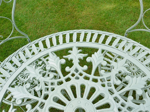 Pistacchio Green Metal Round Garden Table - Close up image looking down onto the table top