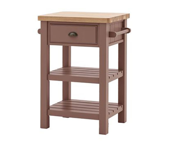 Harvest Direct Harrow Contemporary Clay Painted / Oak Butchers Block - Close up image showing the top of the block, the hanging rail and the Clay painted finish