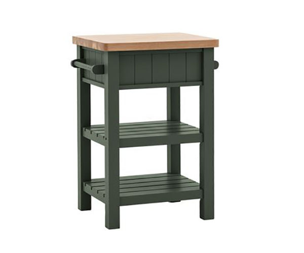 Harvest Direct Harrow Contemporary Moss Painted / Oak Butchers Block - Showing both hanging rails, a drawer &  both shelves