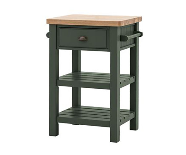 Harvest Direct Harrow Contemporary Moss Painted / Oak Butchers Block - Close up image showing the top of the block, the hanging rail and the dark green painted finish