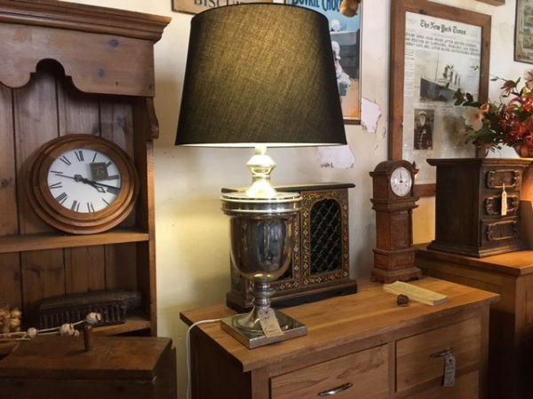 Edison Vintage Lighting Large Nickel Finish Urn Table Lamp with Shade on display in our Southport furniture showrooms