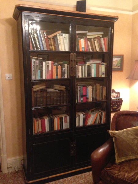 Oriental Large Black Glazed Bookcase at Harvest Moon Towers alongside a Tetrad leather chair
