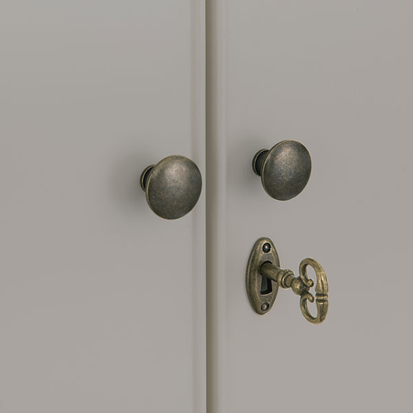 Willis & Gambier Etienne Grey Double Wardrobe - Shows the hand cast metal wardrobe door handles, lock and key