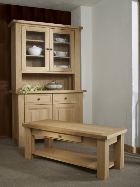 Charltons Bretagne Oak Coffee Table with Shelf,  2 Door 2 Drawer Sideboard  & Dresser Top