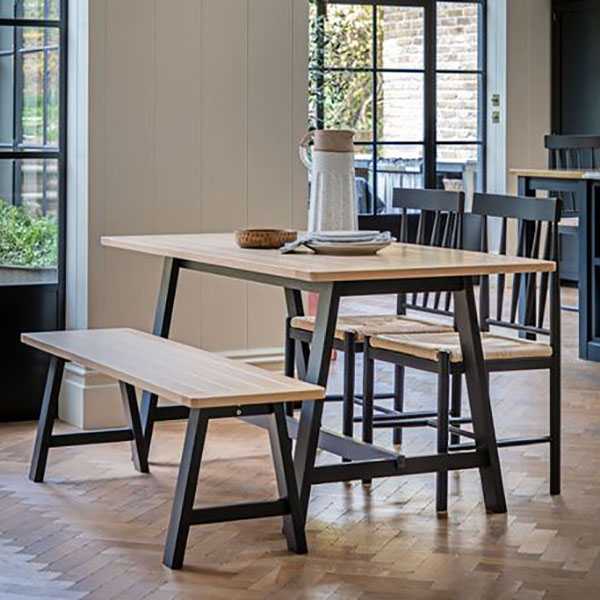Gallery Direct Eton Contemporary Meteor Painted / Oak Trestle Dining Table, Dining Chairs & Trestle Bench
