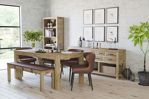 Devonshire Living Chiltern Reclaimed Pine Large Fixed Top Dining Table, Orbit Dining Chairs, Large Dining Bench with Seat Pad, Bookcase with 2 Baskets & Sideboard with 9 Drawers & 2 Baskets