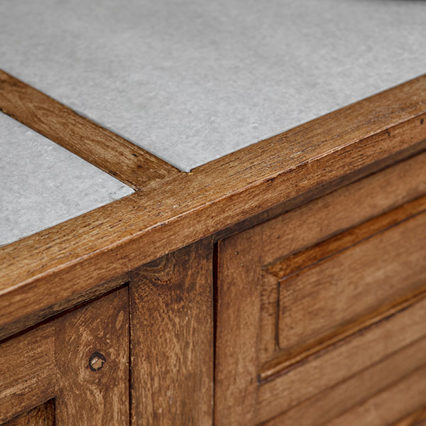 Gallery Direct Chigwell 2 Door 2 Drawer Sideboard  - Close up showing the white marble top & seasoned oak finish