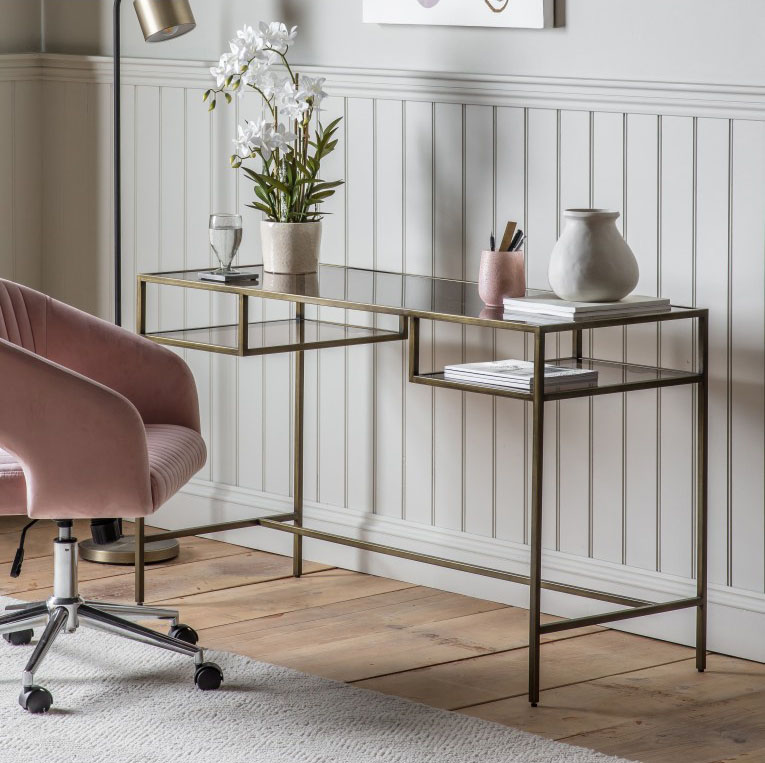 Gallery Direct Rothbury Bronze Desk & Murray Pink Velvet Swivel Chair