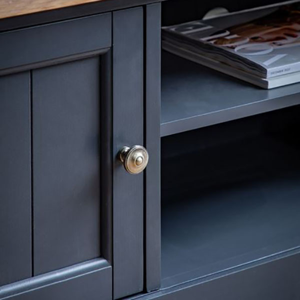 Harvest Direct Harrow Contemporary Meteor Painted / Oak Media Unit - Close up image of the Meteor dark blue painted finish & metal cupboard door