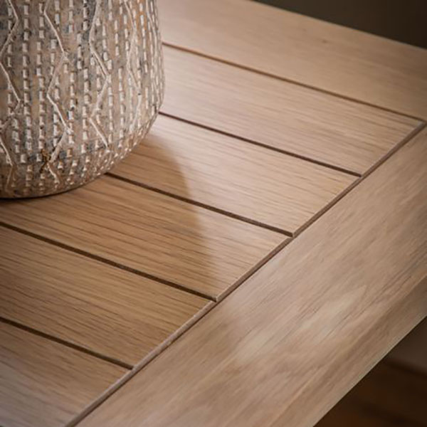 Harvest Direct Harrow Contemporary Meteor Painted / Oak Side Table  - Close up image looking down onto the grooved & planked oak top finish