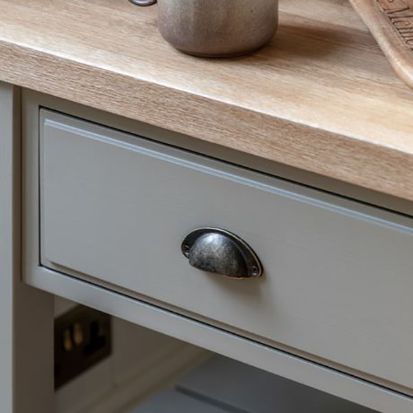 Harvest Direct Harrow Contemporary Prairie Painted / Oak Butchers Block - Close up image showing part of a drawer & the top of the Butchers block