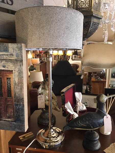 Edison Vintage Lighting Nickel Finish Table Lamp with Grey Hide Shade on display in our furniture and lighting showrooms