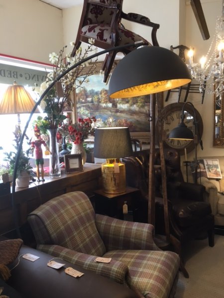 Edison Vintage Lighting Sand / Black Finish Curved Floor Standing Lamp on display in our Southport furniture showrooms