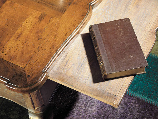 Rouchon Esprit de Chateau Louis XV style walnut and oak square coffee table shown here close up with the slide out shelf open