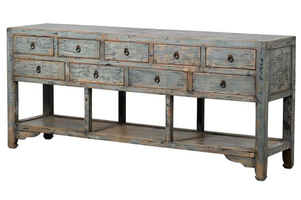 Grey Washed 9 Drawer Pine Console Table / Sideboard