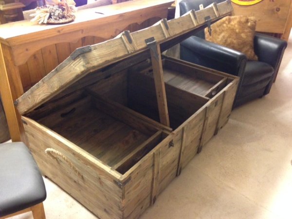 Reclaimed Pine Box Coffee Table shown here  open on display in our furniture showrooms