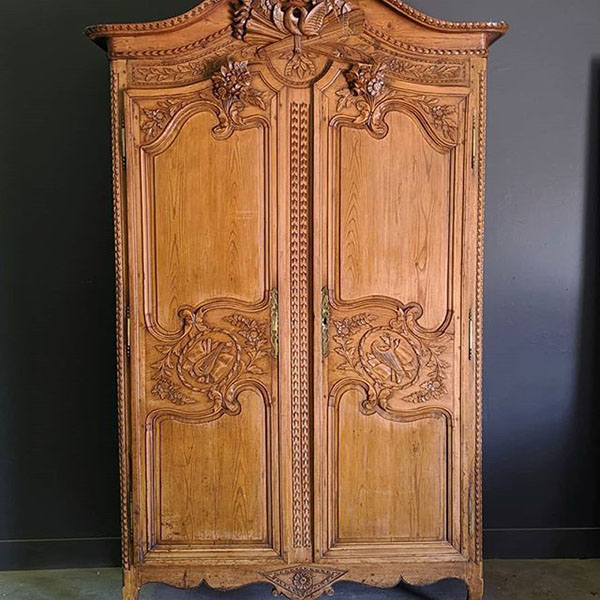 Rustic Pine Heavily Carved French Armoire