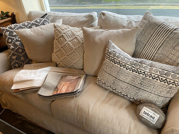 Selection of Tetrad scatter cushions on an Alexia Sofa on display in our Southport furniture showrooms