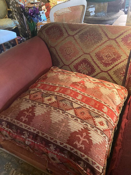 Tetrad Eastwood Sofa - Stripe fabric on left, on right the Verona Ruby Velvet