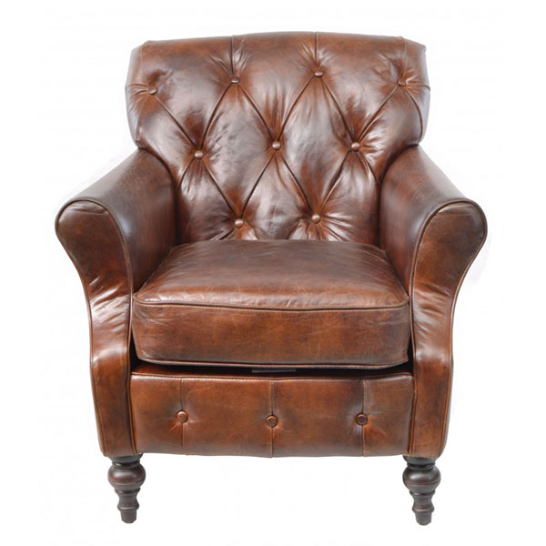 Vintage Brown Leather Button Back Armchair