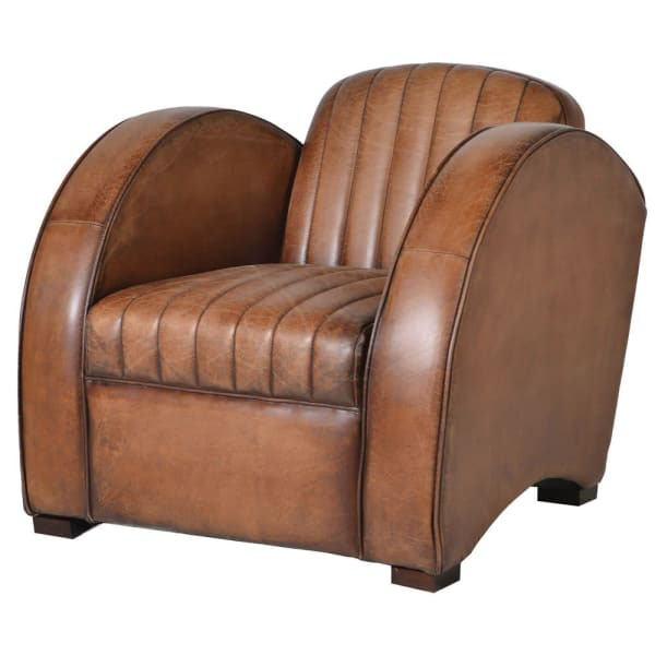 Tan Leather Art Deco Style Ribbed Rocket Armchair / Club Chair